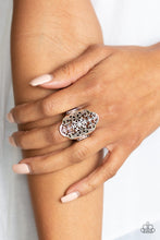 Load image into Gallery viewer, Glistening silver filigree swirls into a floral textile pattern across the finger. Smoky rhinestones and dainty silver studs are sprinkled across the ornate silver frame for a whimsical finish.  Features a stretchy band for a flexible fit.   Always nickel and lead free. 