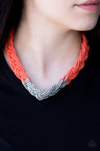 Load image into Gallery viewer, Strands of orange seed beads create an indigenous braid below the collar. The orange seed beads gradually morph into silvery metallic beads at the center for a chic contrasting look. Features an adjustable clasp closure.  Sold as one individual necklace. Includes one pair of matching earrings.  Always nickel and lead free.