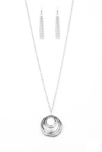 Load image into Gallery viewer, Hammered in an array of mismatched textures, three asymmetrical hoops join into an abstract pendant at the bottom of a lengthened silver chain for a handcrafted look. Features an adjustable clasp closure.  Sold as one individual necklace. Includes one pair of matching earrings.