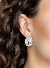 Load image into Gallery viewer, Varying in size, three stacks of glittery white rhinestones fan out from an airy center, coalescing into a stellar frame. Earring attaches to a standard post fitting.  Sold as one pair of post earrings. 