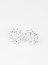 Load image into Gallery viewer, Varying in size, three stacks of glittery white rhinestones fan out from an airy center, coalescing into a stellar frame. Earring attaches to a standard post fitting.  Sold as one pair of post earrings.