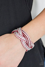 Load image into Gallery viewer, Varying in size, glassy white rhinestones are encrusted along interwoven red suede bands, creating blinding shimmer across the wrist. Features an adjustable snap closure.  Sold as one individual bracelet.  Always nickel and lead free.