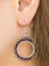 Load image into Gallery viewer, Textured silver petals flare from a purple rhinestone encrusted ring, creating a whimsical lure. Earring attaches to a standard fishhook fitting.  Sold as one pair of earrings.  