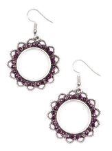 Load image into Gallery viewer, Textured silver petals flare from a purple rhinestone encrusted ring, creating a whimsical lure. Earring attaches to a standard fishhook fitting. Sold as one pair of earrings.