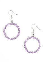 Load image into Gallery viewer, Glittery purple rhinestones are encrusted along a circular silver frame, creating a bubbly frame. Earring attaches to a standard fishhook fitting.