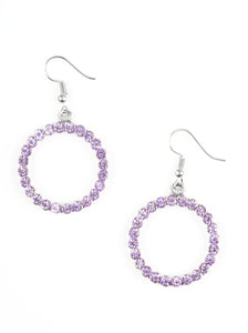 Glittery purple rhinestones are encrusted along a circular silver frame, creating a bubbly frame. Earring attaches to a standard fishhook fitting.