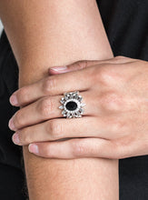 Load image into Gallery viewer, Ringed in glittery white rhinestones, a sparkling black gem is pressed into the center of a leafy silver frame. Dainty white rhinestones are sprinkled along the shimmery foliage for a refined finish. Features a stretchy band for a flexible fit.  Sold as one individual ring.