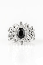 Load image into Gallery viewer, Ringed in glittery white rhinestones, a sparkling black gem is pressed into the center of a leafy silver frame. Dainty white rhinestones are sprinkled along the shimmery foliage for a refined finish. Features a stretchy band for a flexible fit.  Sold as one individual ring.