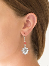 Load image into Gallery viewer, Brushed in a high-sheen finish, a glistening silver flower frame swings from the bottom of a dainty red stone for a seasonal look. Earring attaches to a standard fishhook fitting.  Sold as one pair of earrings.