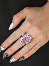 Load image into Gallery viewer, Dainty pink stones are sprinkled across the front of a studded silver frame, creating a refreshing centerpiece atop the finger. Features a stretchy band for a flexible fit.  Sold as one individual ring.  