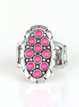 Load image into Gallery viewer, Dainty pink stones are sprinkled across the front of a studded silver frame, creating a refreshing centerpiece atop the finger. Features a stretchy band for a flexible fit.  Sold as one individual ring. 