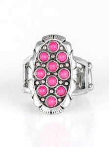 Dainty pink stones are sprinkled across the front of a studded silver frame, creating a refreshing centerpiece atop the finger. Features a stretchy band for a flexible fit.  Sold as one individual ring. 
