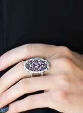 Load image into Gallery viewer, Dainty purple stones are sprinkled across the front of a studded silver frame, creating a vivacious centerpiece atop the finger. Features a stretchy band for a flexible fit.  Sold as one individual ring.  