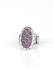 Dainty purple stones are sprinkled across the front of a studded silver frame, creating a vivacious centerpiece atop the finger. Features a stretchy band for a flexible fit.  Sold as one individual ring.  