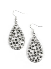 Load image into Gallery viewer, Hints of silver frames and smoky rhinestones collect inside an airy silver teardrop, creating a gorgeous lure. Earring attaches to a standard fishhook fitting.  Sold as one pair of earrings.