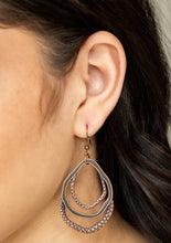 Load image into Gallery viewer, Featuring mismatched textures, hammered copper hoops join into an asymmetrical lure for a seasonal look. Earring attaches to a standard fishhook fitting.  Sold as one pair of earrings. 
