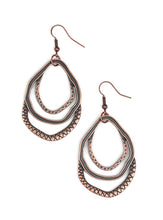 Load image into Gallery viewer, Featuring mismatched textures, hammered copper hoops join into an asymmetrical lure for a seasonal look. Earring attaches to a standard fishhook fitting.  Sold as one pair of earrings. 