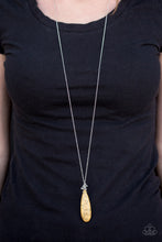 Load image into Gallery viewer, Chiseled into a tranquil teardrop, a yellow stone swings from the bottom of an elongated silver chain for a seasonal look. Dainty silver cube beading slides along the chain, adding hints of metallic shimmer to the earthy pendant. Features an adjustable clasp closure.  Sold as one individual necklace. Includes one pair of matching earrings.