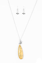 Load image into Gallery viewer, Chiseled into a tranquil teardrop, a yellow stone swings from the bottom of an elongated silver chain for a seasonal look. Dainty silver cube beading slides along the chain, adding hints of metallic shimmer to the earthy pendant. Features an adjustable clasp closure.  Sold as one individual necklace. Includes one pair of matching earrings.