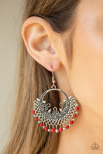 Load image into Gallery viewer, A fringe of dainty silver beads and fiery red stone beads swing from the bottom of an ornate silver hoop dotted in stunning detail for a seasonal flair. Earring attaches to a standard fishhook fitting.  Sold as one pair of earrings.  Always nickel and lead free.