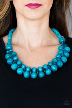 Load image into Gallery viewer, Brushed in a distressed finish, refreshing blue wooden beads and discs join below the collar for a summery look. Features a button loop closure.  Sold as one individual necklace. Includes one pair of matching earrings.  Always nickel and lead free.