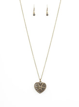 Load image into Gallery viewer, Encrusted in glittery black rhinestones, a vintage inspired heart pendant swings from the bottom of a shimmery brass chain for a romantic fashion. Features an adjustable clasp closure.  Sold as one individual necklace. Includes one pair of matching earrings.  Always nickel and lead free.