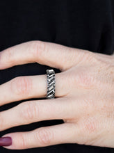 Load image into Gallery viewer, Featuring elegant emerald style cuts, slanted hematite rhinestones are pressed into a dainty gunmetal band, creating blinding shimmer. Features a dainty stretchy band for a flexible fit.  Sold as one individual ring.  