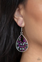 Load image into Gallery viewer,  Classic purple and smoky marquise-cut rhinestones collect inside of an airy silver frame, coalescing into a sparkling teardrop. Earring attaches to a standard fishhook fitting.  Sold as one pair of earrings.  Always nickel and lead free.