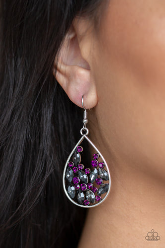  Classic purple and smoky marquise-cut rhinestones collect inside of an airy silver frame, coalescing into a sparkling teardrop. Earring attaches to a standard fishhook fitting.  Sold as one pair of earrings.  Always nickel and lead free.