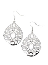 Load image into Gallery viewer, Dainty white beads are sprinkled along a stenciled silver teardrop, creating a whimsical lure. Earring attaches to a standard fishhook fitting.  Sold as one pair of earrings.  