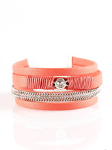 Load image into Gallery viewer, Coral leather strands layer across the wrist. Infused with silver chain and white rhinestone accents, coral cording knots around a leather strand, securing a solitaire white rhinestone in place for a whimsical finish. Features an adjustable clasp closure.  Sold as one individual bracelet.