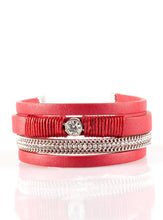 Load image into Gallery viewer, Red leather strands layer across the wrist. Infused with silver chain and white rhinestone accents, red cording knots around a leather strand, securing a solitaire white rhinestone in place for a whimsical finish. Features an adjustable clasp closure.  Sold as one individual bracelet.