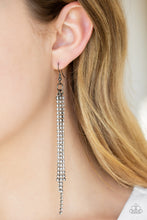 Load image into Gallery viewer, Featuring sleek square fittings, strands of glittery white rhinestones freefall from the ear, creating a glamorous fringe. Earring attaches to a standard fishhook fitting.  Sold as one pair of earrings.  Always nickel and lead free.  Life of the Party Exclusive December 2019