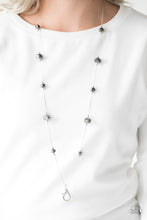 Load image into Gallery viewer, Infused with dainty silver accents, iridescent crystal-like beads trickle along a dainty silver chain across the chest for a refined look. A lobster clasp hangs from the bottom of the design to allow a name badge or other item to be attached. Features an adjustable clasp closure.   Sold as one individual lanyard. Includes one pair of matching earrings.  Always nickel and lead free.