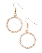 Load image into Gallery viewer, Glittery white rhinestones are encrusted along a shimmery gold hoop, creating a bubbly lure. Earring attaches to a standard fishhook fitting.  Sold as one pair of earrings.