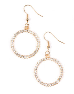 Glittery white rhinestones are encrusted along a shimmery gold hoop, creating a bubbly lure. Earring attaches to a standard fishhook fitting.  Sold as one pair of earrings.