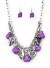 Load image into Gallery viewer, Purple faux rocks alternate with heart charms along a chunky silver chain. Hearts are inscribed with the phrase &quot;With All My Heart&quot; on one side and a short bible verse on the other that reads, &quot;Love the Lord thy God with all your heart. Luke 10:27.&quot; Layers of various chains add some edge. Features an adjustable clasp closure.  Sold as one individual necklace. Includes one pair of matching earrings.