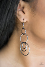 Load image into Gallery viewer, Varying in size, glistening gunmetal hoops connect into a dizzying lure. Earring attaches to a standard fishhook fitting.  Sold as one pair of earrings.  Always nickel and lead free.