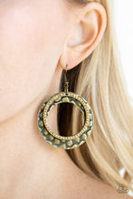 Load image into Gallery viewer, Encrusted in golden topaz rhinestones, a glittery brass hoop links with a thick brass hoop embossed in metallic pebble-like patterns, creating a refined lure. Earring attaches to a standard fishhook fitting.  Sold as one pair of earrings.  Always nickel and lead free.