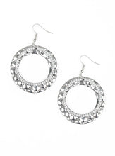 Load image into Gallery viewer, Encrusted in glassy white rhinestones, a glittery silver hoop links with a thick silver hoop embossed in metallic pebble-like patterns, creating a refined lure. Earring attaches to a standard fishhook fitting.  Sold as one pair of earrings.