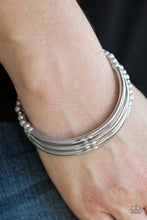 Load image into Gallery viewer, Shiny silver bars and pearly silver beads are threaded along stretchy elastic bands, creating refined layers across the wrist.  Sold as one set of three bracelets.  Always nickel and lead free.