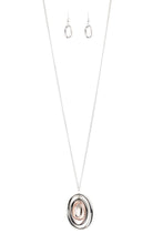 Load image into Gallery viewer, Threaded along a silver-beaded rod, mismatched silver, gunmetal, and shiny copper ovals ripple into a dizzying pendant at the bottom of a lengthened silver chain. Features an adjustable clasp closure. Sold as one individual necklace. Includes one pair of matching earrings.