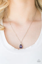 Load image into Gallery viewer, Featuring a regal teardrop cut, a glittery purple gem swings from the bottom of a dainty silver chain, creating a timeless pendant below the collar. Features an adjustable clasp closure.  Sold as one individual necklace. Includes one pair of matching earrings.  Always nickel and lead free.