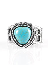 Load image into Gallery viewer, Chiseled into a triangular shape, a refreshing turquoise stone is pressed into the center of an ornate silver frame for a seasonal look. Features a stretchy band for a flexible fit.  Sold as one individual ring.