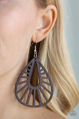 Brushed in a shiny brown finish, an ornate wooden teardrop swings from the ear for a seasonal look. Earring attaches to a standard fishhook fitting.  Sold as one pair of earrings.  