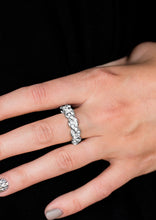 Load image into Gallery viewer, Encrusted in dainty white rhinestones, glistening silver bars braid across the finger for a refined look. Features a dainty stretchy band for a flexible fit.  Sold as one individual ring.
