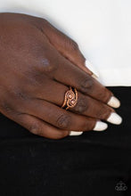 Load image into Gallery viewer, Radiating with topaz rhinestones, two rows of glittering copper bars arc across the finger. Two pearly copper beads are pressed into the center of a roof rhinestones that wrap around each bead, adding a dramatically refined finish to the piece. Features a dainty stretchy band for a flexible fit.  Sold as one individual ring.  Always nickel and lead free.