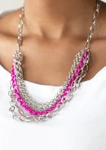 Load image into Gallery viewer, Mismatched silver chains layer below the collar for a bold industrial look. Painted in a flirty finish, a shiny pink chain drapes between the shimmery silver chains for a vivacious finish. Features an adjustable clasp closure.  Sold as one individual necklace. Includes one pair of matching earrings.