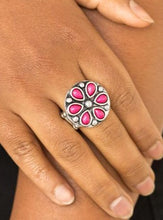 Load image into Gallery viewer, Vivacious pink beads are pressed into a studded silver frame, creating a colorful floral centerpiece atop the finger. Features a stretchy band for a flexible fit.  Sold as one individual ring.  