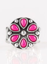 Load image into Gallery viewer, Vivacious pink beads are pressed into a studded silver frame, creating a colorful floral centerpiece atop the finger. Features a stretchy band for a flexible fit.  Sold as one individual ring. 